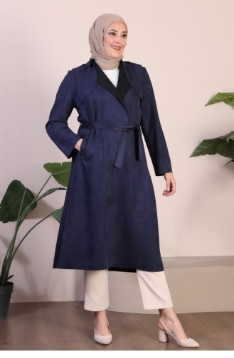 Women`s Large Size Hijab Suede Trench Belted At Waist Hijab Suede Trench Coat 8895 Navy Blue 8895.Lacivert