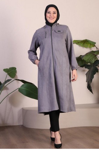 Women`s Large Size Hijab Suede Cape Topcoat With Hooded Chest Short Hijab Suede Topcoat 8903 Gray 8903.Gri