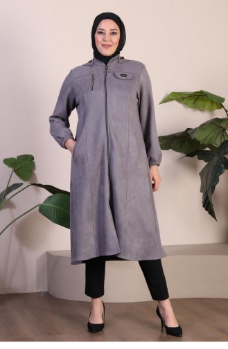Women`s Large Size Hijab Suede Cape Topcoat With Hooded Chest Short Hijab Suede Topcoat 8903 Gray 8903.Gri