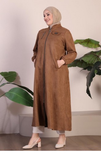 Women`s Large Size Hijab Suede Cape Topcoat With Zippered Long Hijab Suede Topcoat 8912 Tan 8912.TABA