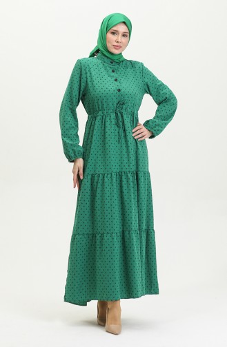 Half Button Patterned Dress 0387-05 Emerald Green 0387-05