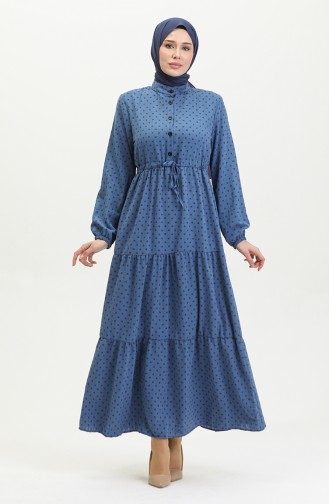 Half Button Patterned Dress 0387-03 Navy Blue 0387-03