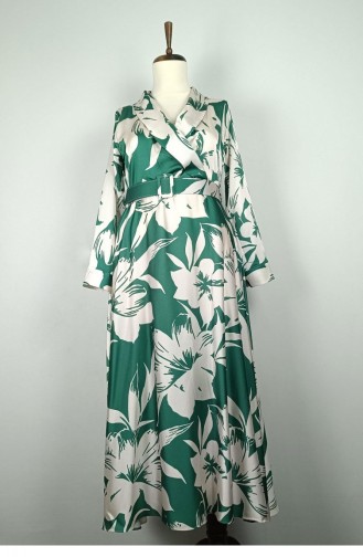 Plus Size Patterned Satin Dress Emerald 7863 1290