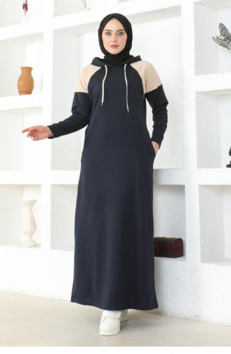 2082Mg Shoulder Detailed Hijab Dress Navy Blue 17017