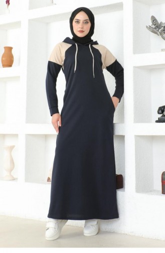 2082Mg Shoulder Detailed Hijab Dress Navy Blue 17017