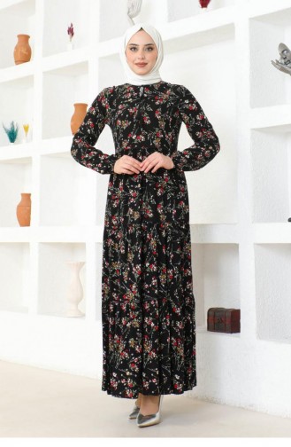 7110Sgs Viscose-jurk Met Bloemenpatroon Zwart 17036
