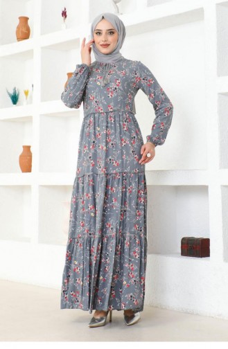 7110Sgs Floral Patterned Viscose Dress Gray 17040
