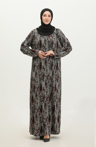 Large Size Stony Patterned Viscose Dress 4430D-01 Black Claret Red 4430D-01