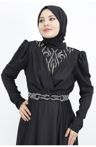 Double Breasted Neckline Stone Printed Satin Fabric Hijab Evening Dress 6864-01 Black 6864-01