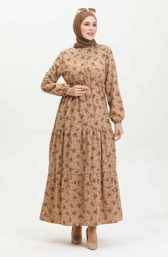 Flower Patterned Waist Gathered Dress 0398-03 Milky Brown 0398-03