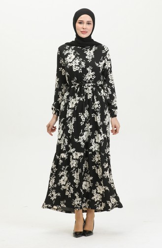 Bürümcük Kumaş Desenli Elbise 5010-01 Siyah