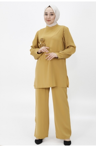 Jessica Fabric Sleeves Pleated And Brooch Double Suit 24087-01 Mustard 24087-01