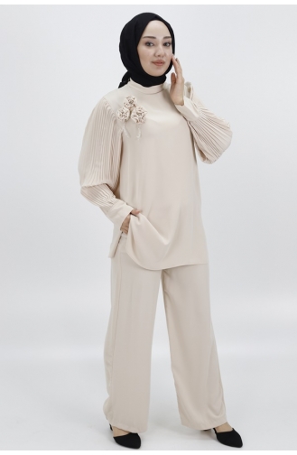 جيسيكا - بدلة مزدوجة بأكمام قماش وطيات وبروش 24087-03 لون حجري 24087-03