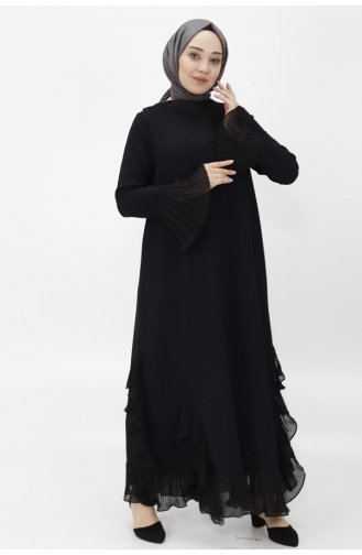 Kreppstoff-Rüschen-Detail-Hijab-Abendkleid 4415-01 Schwarz 4415-01