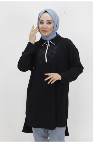 Noktae Aerobin Fabric Jacquard And Zipper Detailed Hijab Tunic 10441-02 Black 10441-02