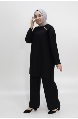 نوكتاي - بدلة مزدوجة مصنوعة من قماش Aerobin وتفاصيل أزرار على الكتف 14208-02 لون أسود 14208-02
