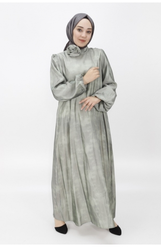 Robe De Soirée Hijab En Tissu Satiné à Pointe Avec Ceinture Et Manches Ballon 12535-01 Vert 12535-01