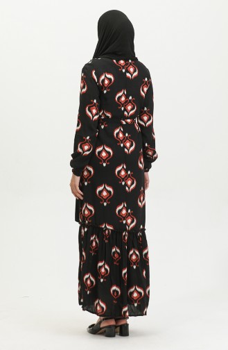Alisa Farbalı Kuşaklı Viskon Elbise 4599A-03 Siyah Kiremit