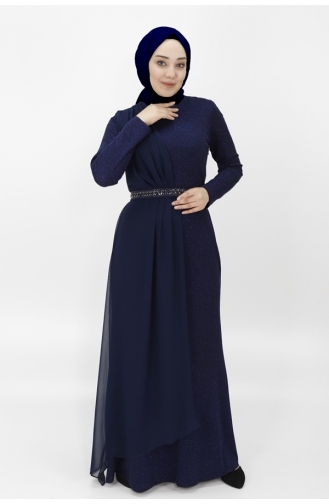 Lurex Fabric Cape Hijab Evening Dress 4277-01 Navy Blue 4277-01