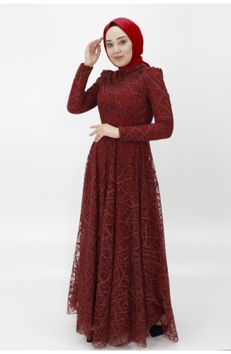 Lurex Fabric Lurex Stripe Patterned Hijab Evening Dress 4223-01 Claret Red 4223-01