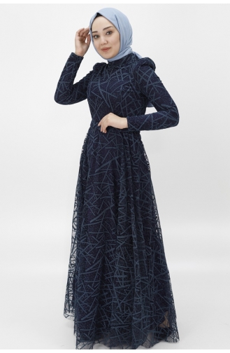 Robe De Soirée Hijab à Motifs Rayures Pailletées 4223-02 Bleu Marine 4223-02