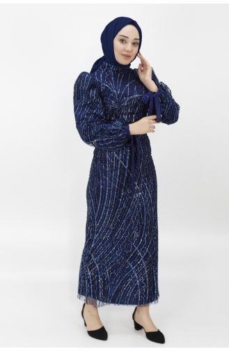 Silvery Tulle Fabric Balloon Sleeve Hijab Evening Dress 4598-03 Navy Blue 4598-03