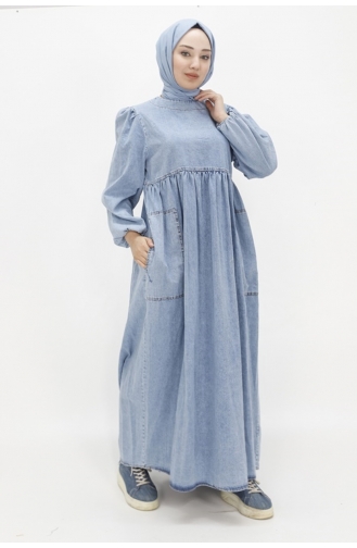 Robe Hijab En Jean Avec Manches Ballon Et Poche 1542-01 Bleu Glace 1542-01