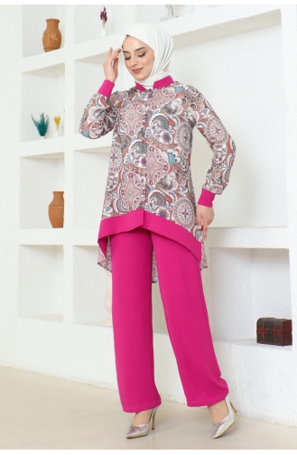 Ethnic Patterned Hijab Suit Brc1313 1313-01 Fuchsia 1313-01