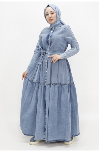 فستان من الجينز مُزين بأزرار وياقة قميص 1560-01 لون أزرق فاتح 1560-01
