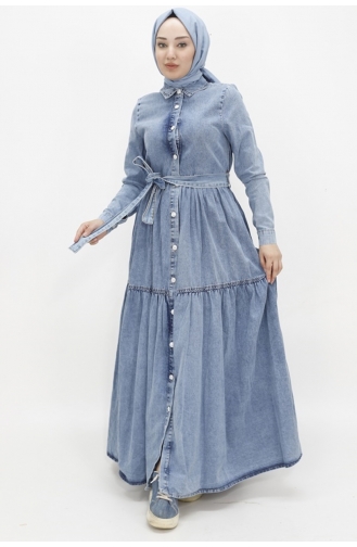 Gömlek Yaka Kemerli Düğmeli Tesettür Kot Elbise 1560-01 Buz Mavisi