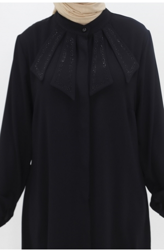 Crystal Fabric Large Size Hijab Tunic With Stone Collar 2416-01 Black 2416-01