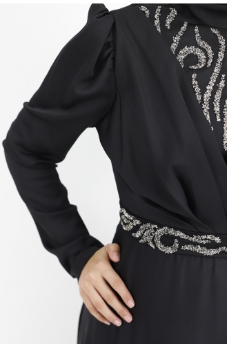 فستان سهرة للحجاب من قماش الساتان بتصميم مُطبع بأزرار وأزرار 6864-03 لون أسود 6864-03