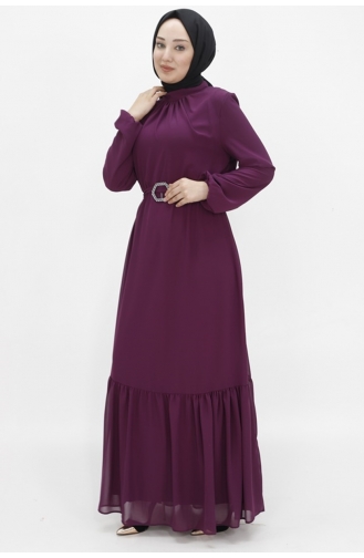 فستان سهرة للحجاب بتصميم أكمام بالون من القماش الشيفون 2419-02 لون بنفسجي 2419-02