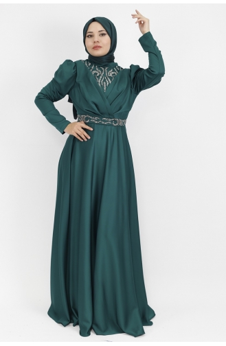 فستان سهرة بتصميم حجاب وأكمام واسعة من قماش الشيفون 2419-03 لون أخضر زمردي 2419-03