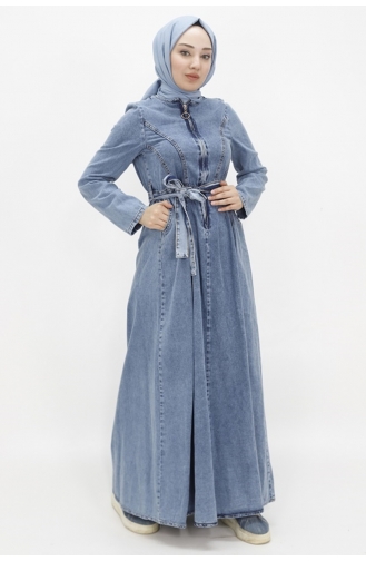 Yaka Fermuar Detaylı Kemerli Tesettür Kot Elbise 1659-01 Buz Mavisi