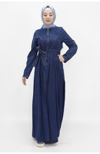 Robe En Jean Hijab Ceinturée Avec Fermeture Éclair Et Col 1659-02 Bleu Denim 1659-02