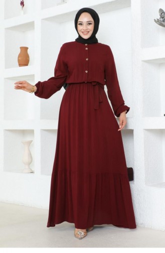 1122Sgs Viscose-jurk Met Knoopdetails Bordeauxrood 16934