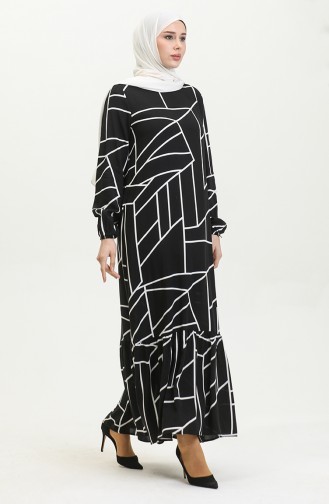 Shirred Skirt Patterned Viscose Dress 2091-01 Black 2091-01