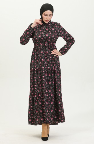 Robe A Motifs Roses 0401-01 Noir 0401-01