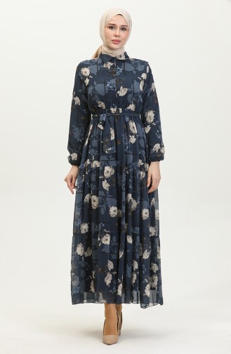 Jurk Van Chiffon Met Patroon 81833-01 Indigo 81833-01