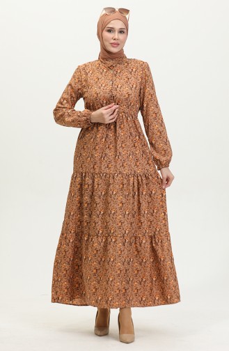 Rose Patterned Dress 0401-02 Brown 0401-02