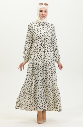 Flower Patterned Dress 0402-01 Beige Black 0402-01