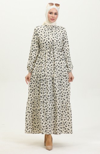 Flower Patterned Dress 0402-01 Beige Black 0402-01