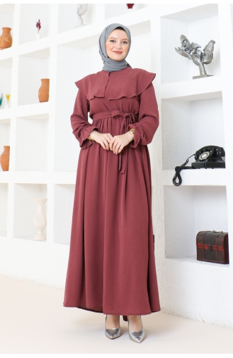 Cape Collar Detailed Belted Hijab Dress Brc1125 1125-02 Dusty Rose 1125-02