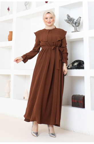 Cape Collar Detailed Belted Hijab Dress Brc1125 1125-05 Brown 1125-05