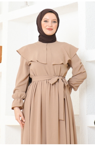 Cape Collar Detailed Belted Hijab Dress Brc1125 1125-06 Beige 1125-06