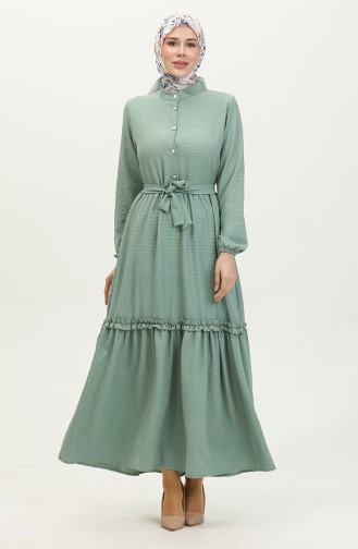 Half Buttoned Frilly Belted Dress 0404-04 Green 0404-04