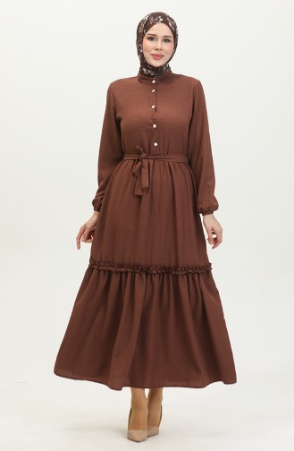 Half Buttoned Frilly Belted Dress 0404-02 Brown 0404-02