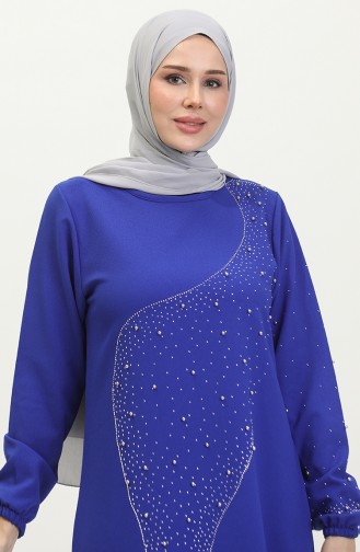 فستان سهرة بتصميم مُطبع بأحجار لامعة 0407-01 لون أزرق 0407-01