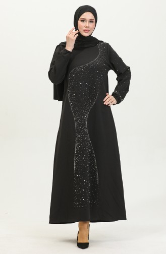 فستان سهرة بتصميم مُطبع بأحجار لامعة 0407-03 لون أسود 0407-03